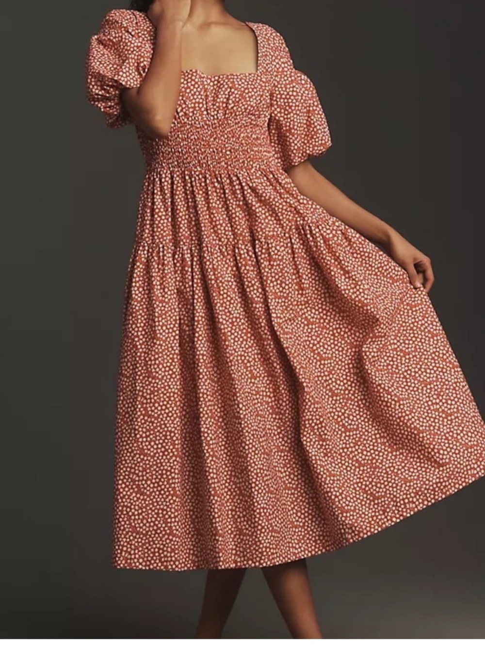 Anthropologie Red Floral Smocked Midi Dress